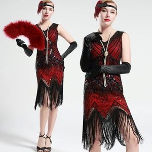 Black and Red glass beaded Fringe Flapper Dress